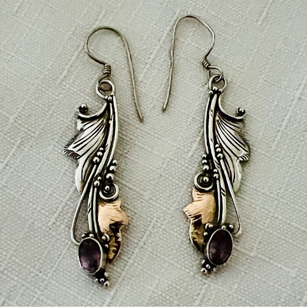 Elegant Sterling Silver and Gold Leaf Earrings - Picture 6 of 10